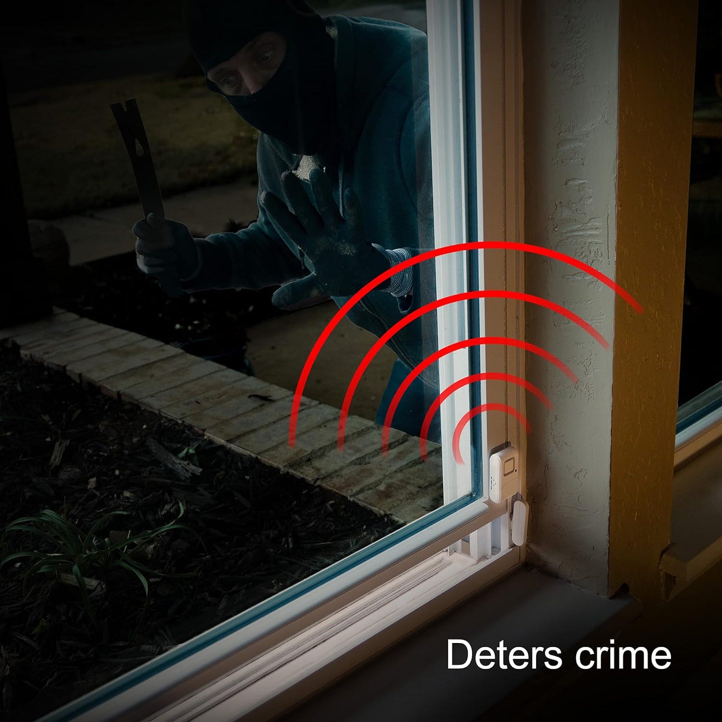 Door window alarm compact device installed on wooden door frame