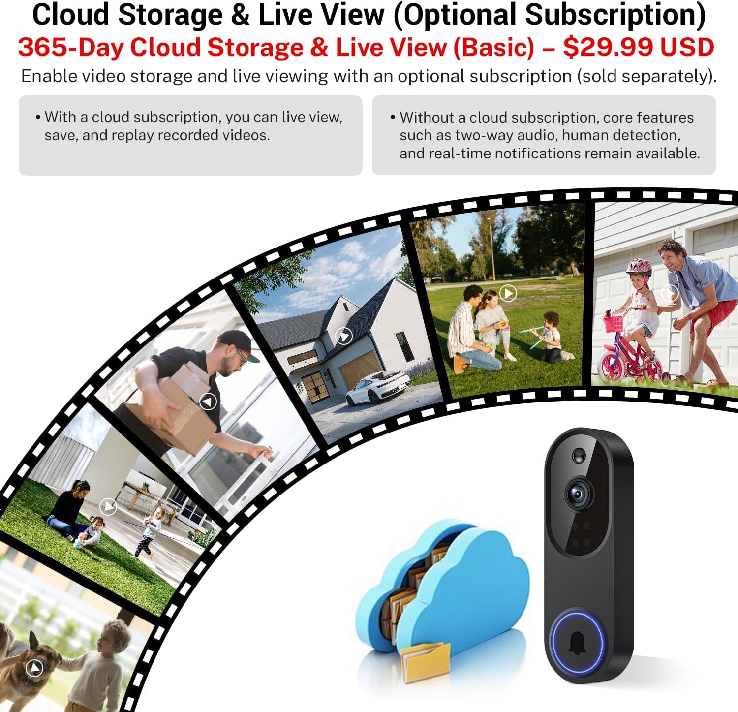 Wireless video doorbell with cloud storage for secure video recording