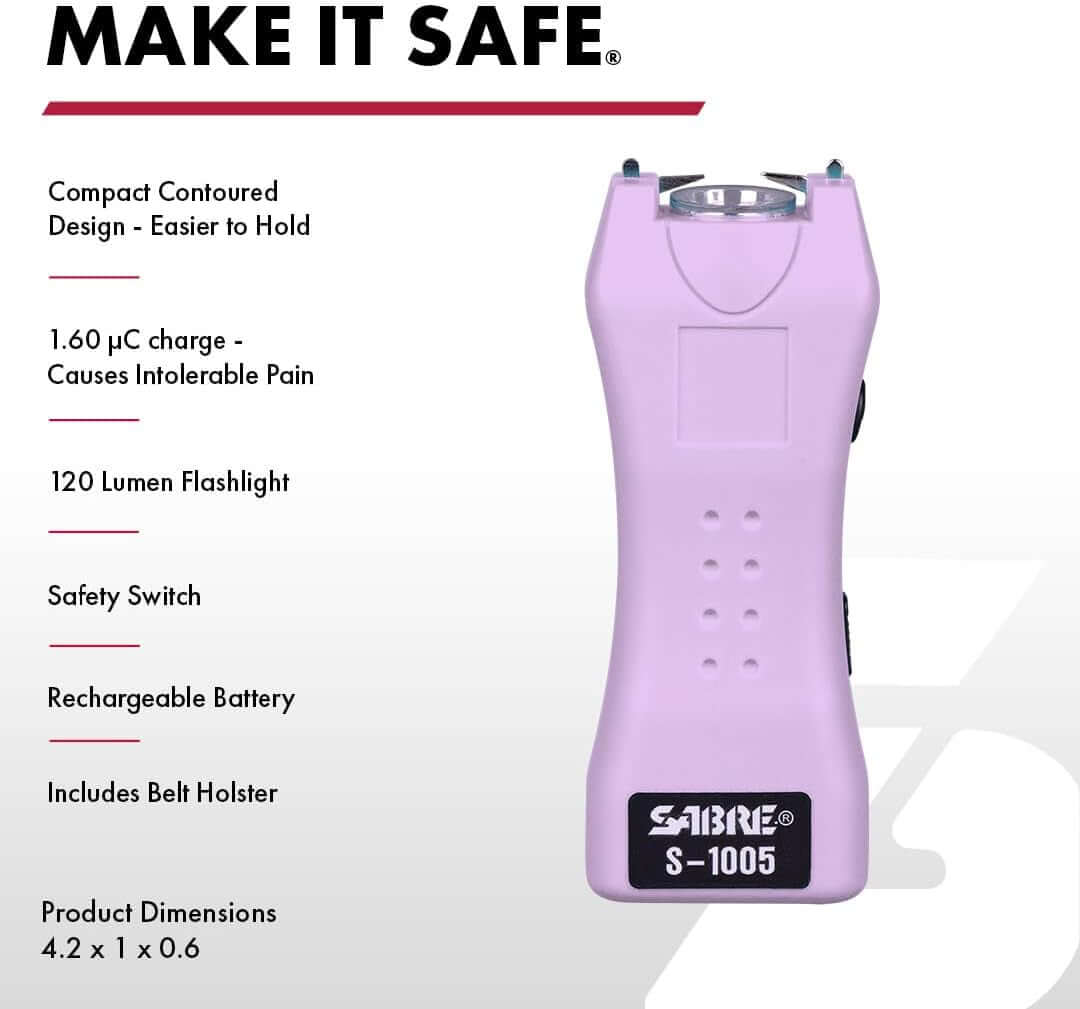 Pepper Spray Stun Gun – Compact design with flashlight, safety switch, rechargeable battery, and belt holster for personal safety.