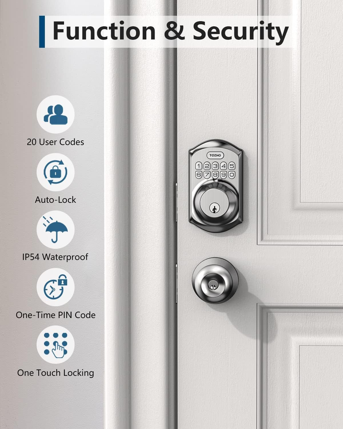 Keyless door lock with backup key access and keypad security system
