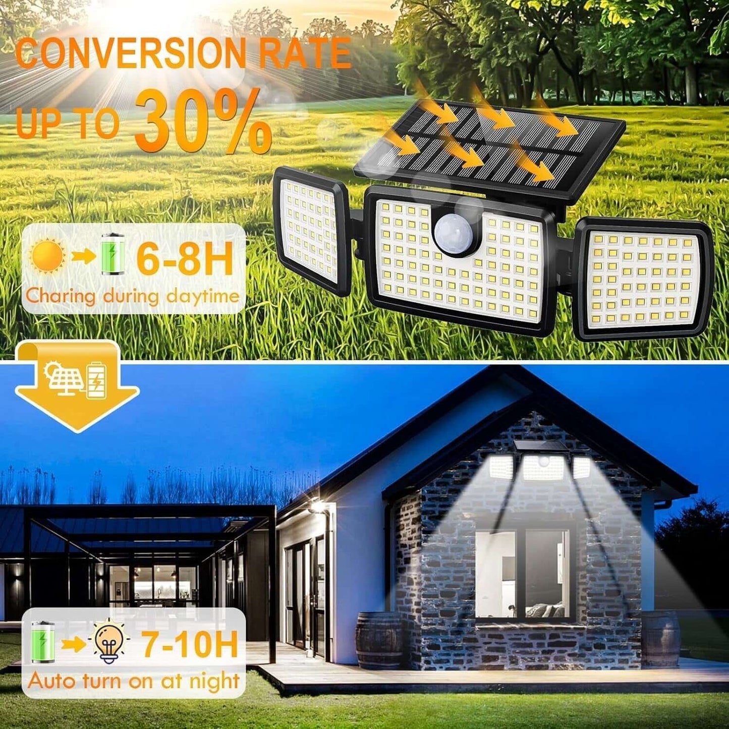 Solar motion sensor lights installed on house wall providing bright outdoor security lighting at night