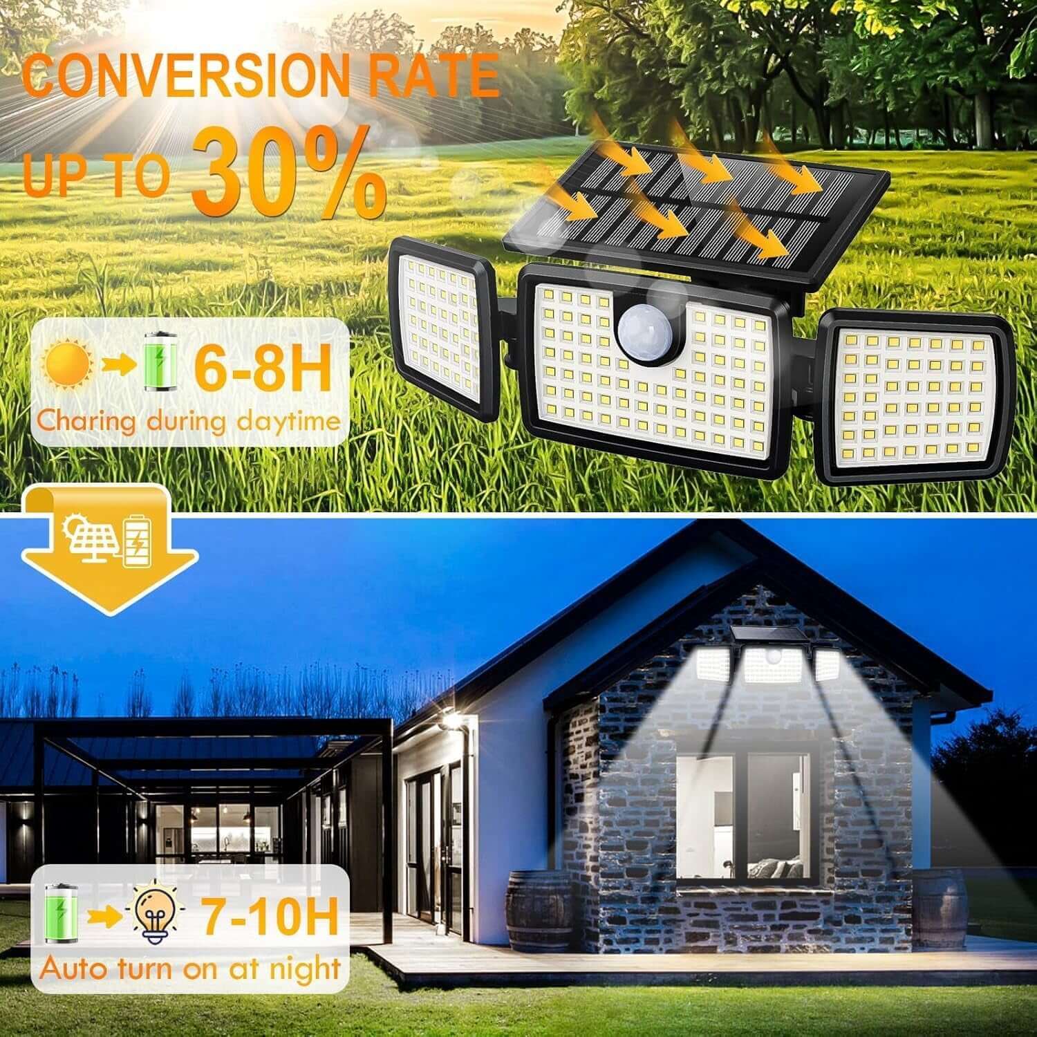 Solar motion sensor lights installed on house wall providing bright outdoor security lighting at night