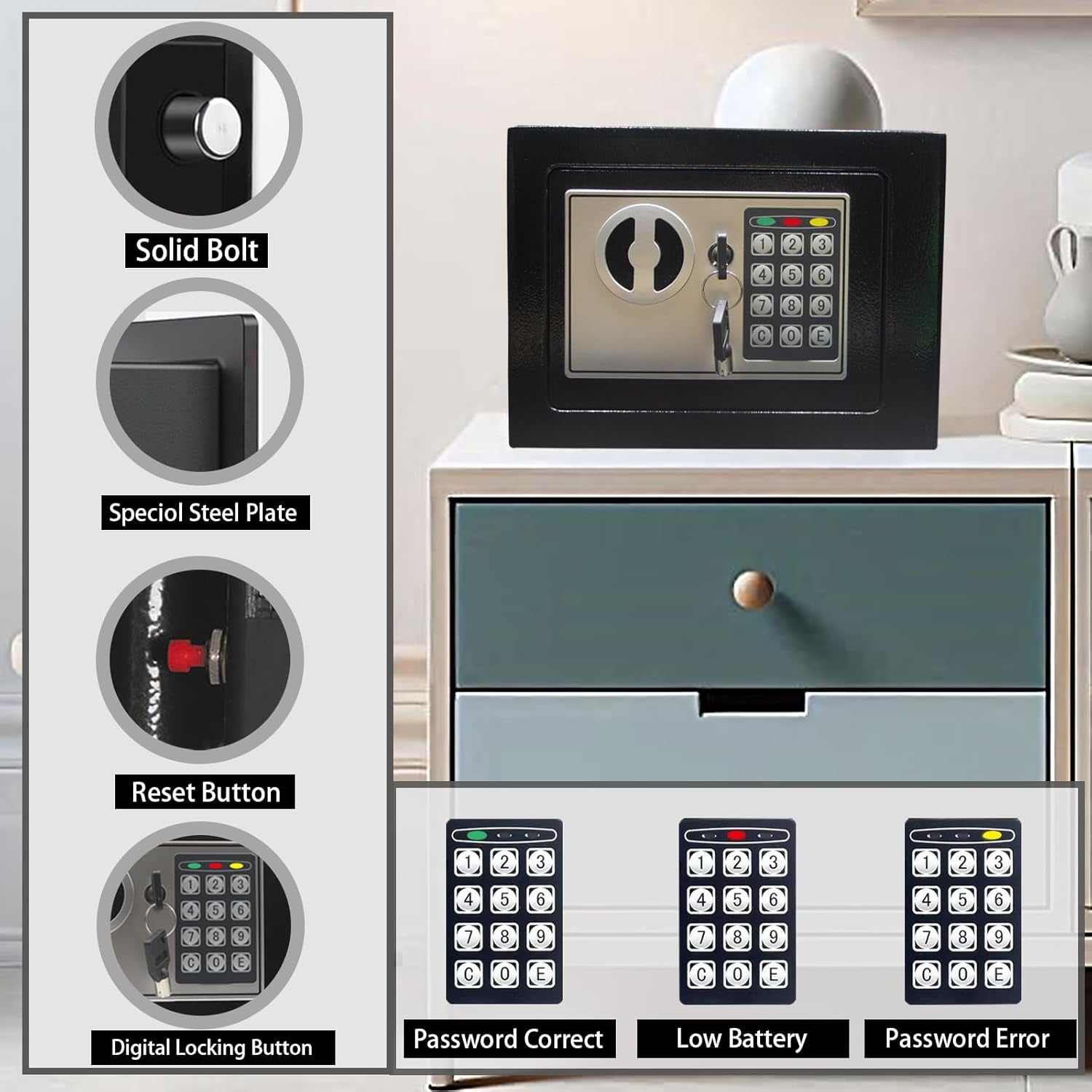 Small electronic safe box steel security box with digital keypad for home office use