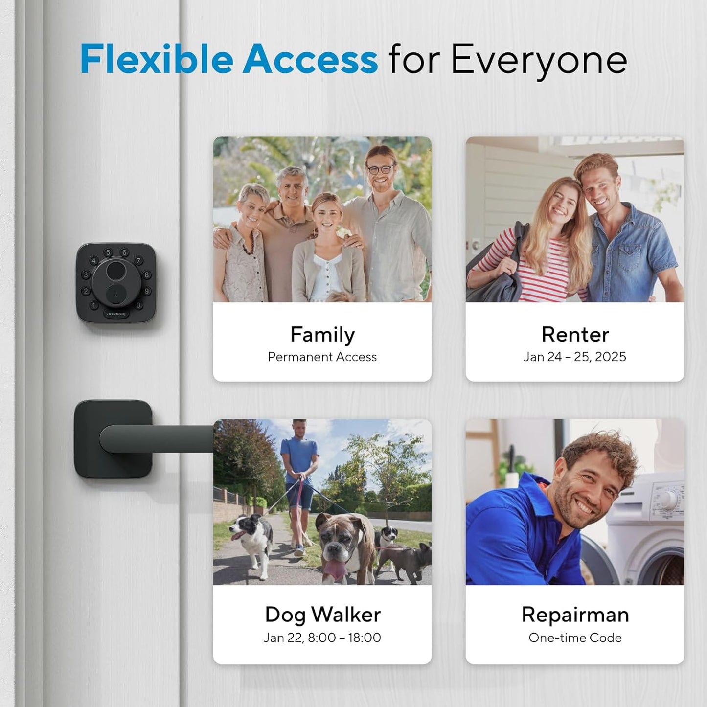 Smart door lock mounted on wooden door with modern security design