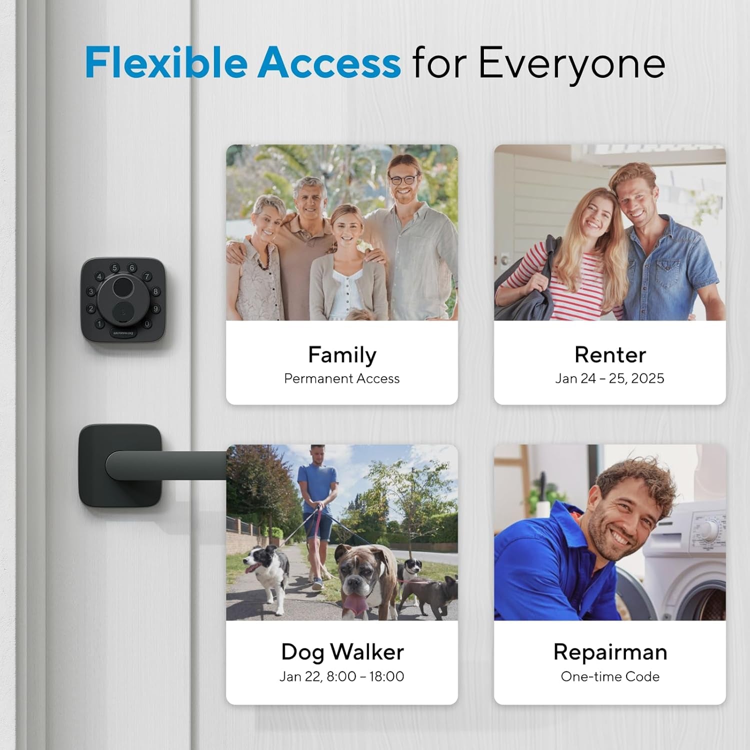 Smart door lock mounted on wooden door with modern security design