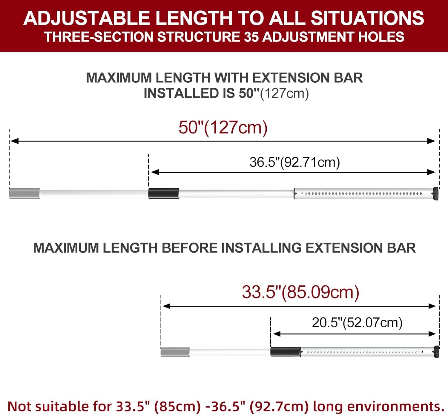 Sliding Door Security Bar,Heavy Duty Sliding Patio Door Lock Bar, 20-50Inch Adjustable Multi-Use Window Security Bars, Sliding Door Stopper,White,1Pack