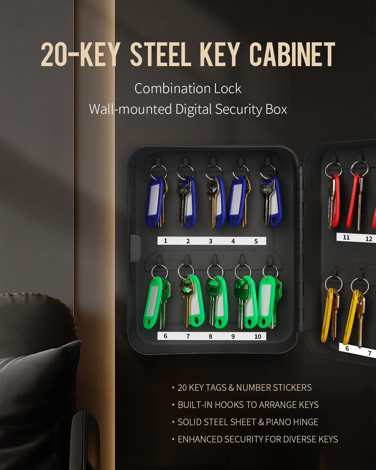20 Position Key Cabinet with Combination Lock Resettable Black Digital Security Storage Box Steel Key Organizer with Colorful Key Tag Labels Stickers and Hooks