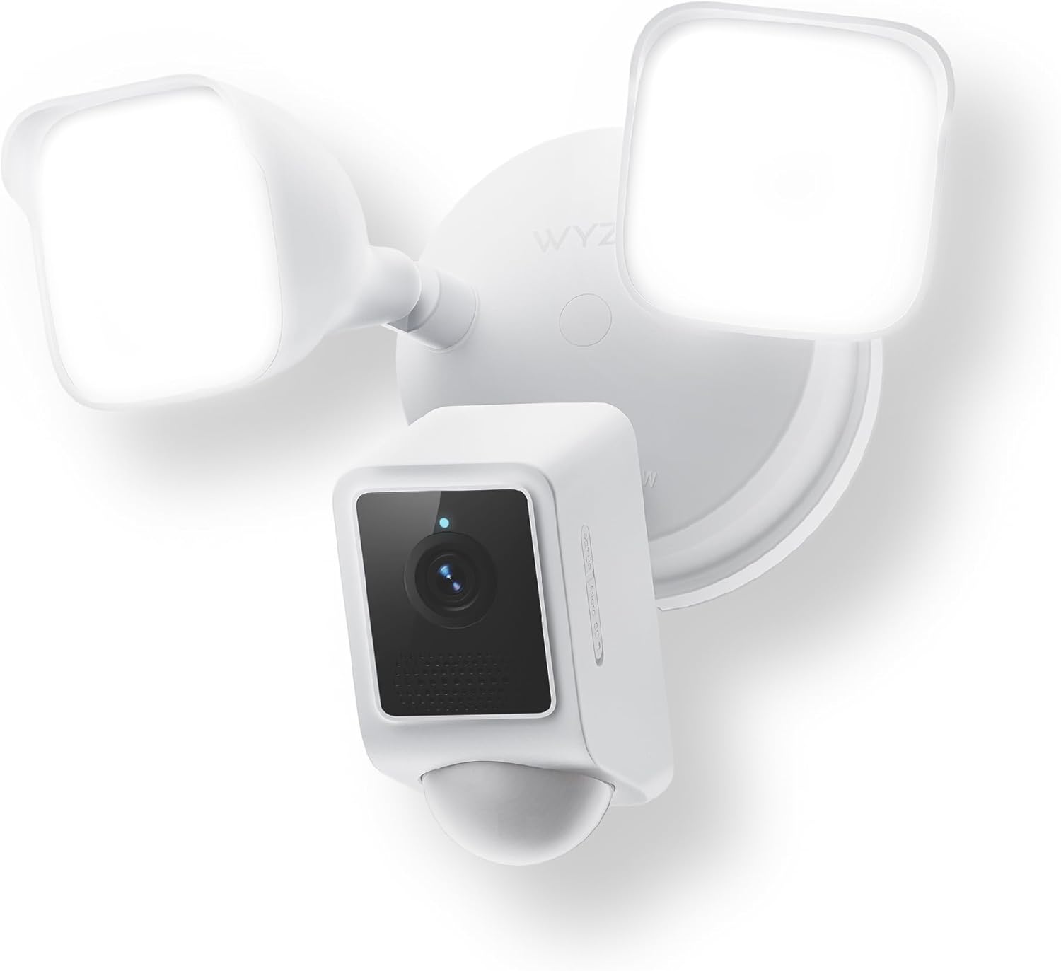 Floodlight security camera with 2K HD video installed outside a modern home
