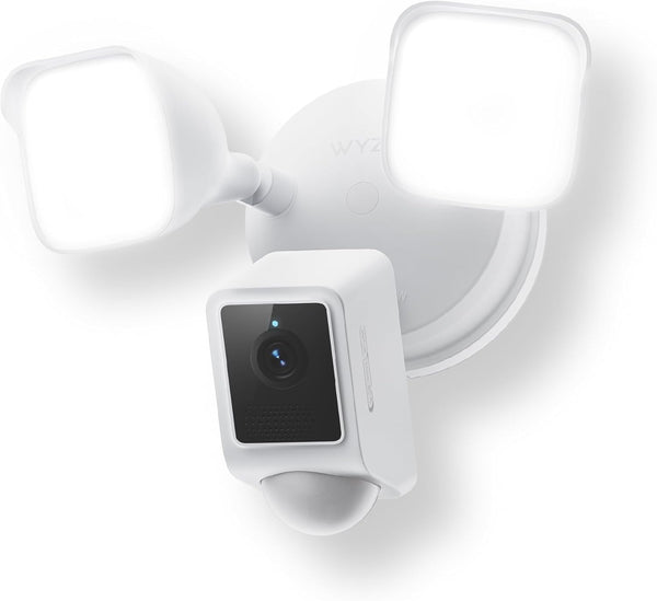 Floodlight security camera with 2K HD video installed outside a modern home