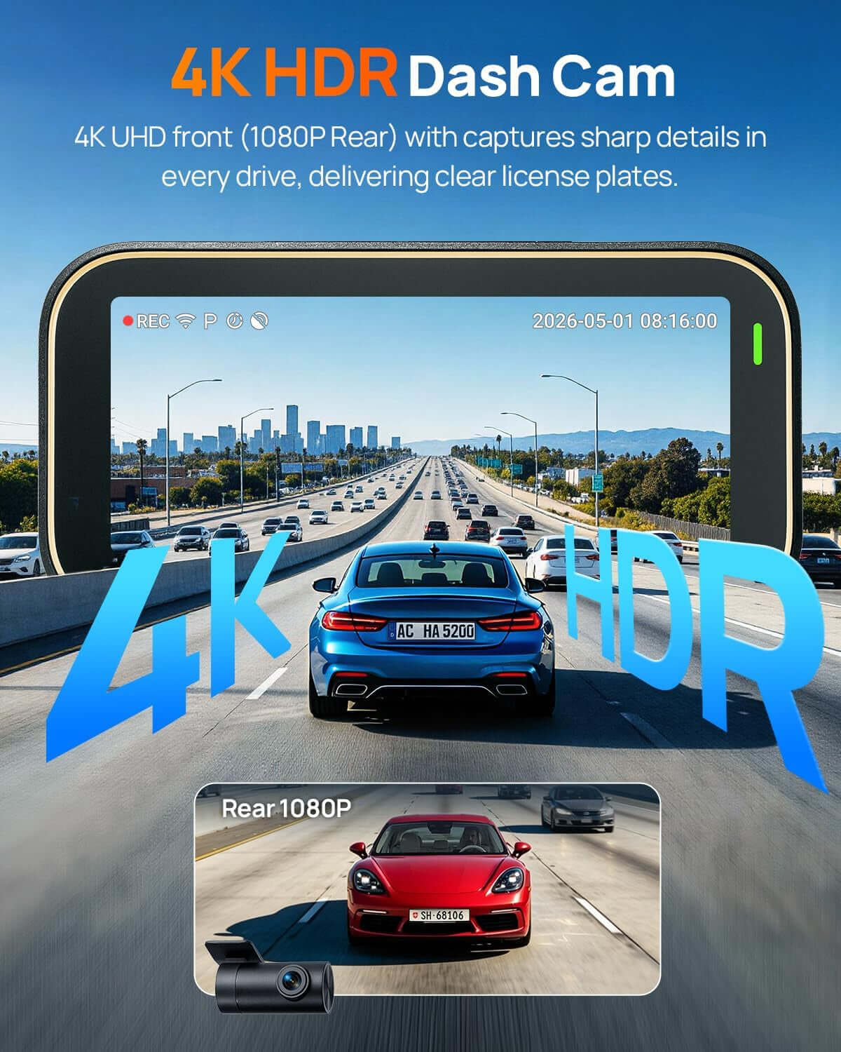 A810 Lite 4K Dash Cam Front and Rear, 5Ghz Wi-Fi 6 Dashcam, Car Camera 4G LTE Remote Access, GPS Tracking, HDR Night Vision, 24H Parking Mode, Voice Control, Emergency Lock, Loop Recording