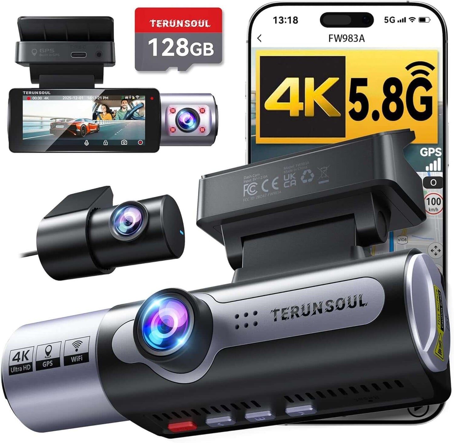 4K Dash Cam Front and Rear, Full HD 3 Channel Dashcam, Free 128GB Memory Card, Built-In 5.8Ghz Wifi Built-In GPS, Collision Sensor, Night Vision, 3.16" IPS, 24H Parking Mode（Black）