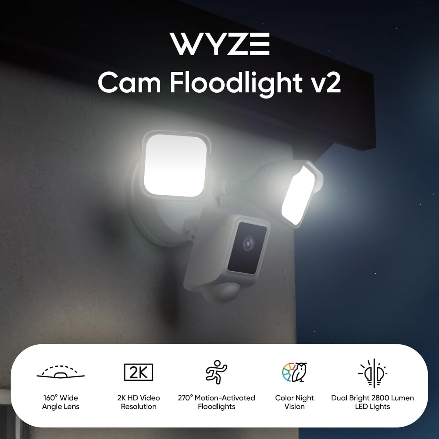 Floodlight security camera featuring color night vision and bright LED lights