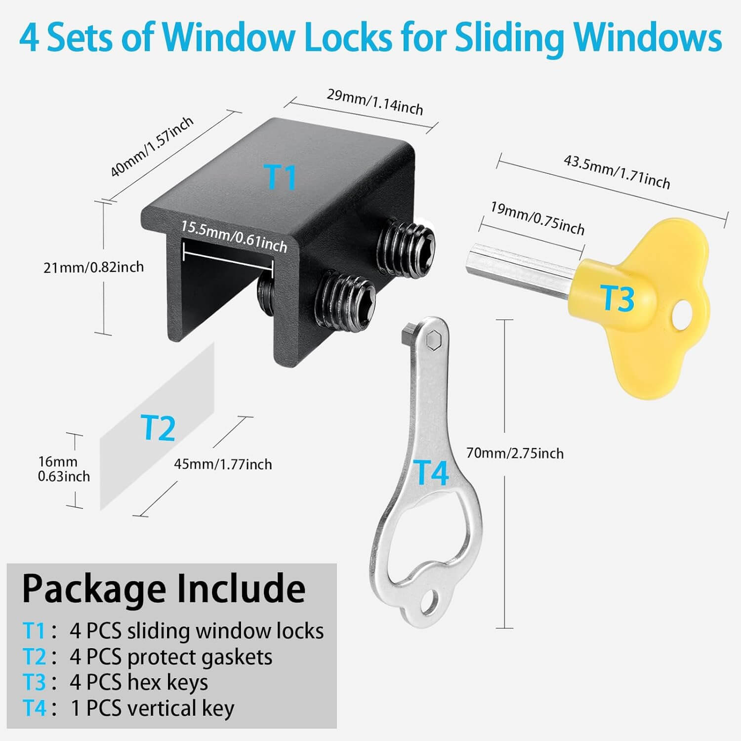 Window Locks,4 Pack Sliding Window Locks with Key for Vertical & Horizontal Sliding Windows Doors,Easv to Install,Adjustable Security Window Lock for Patio Bedroom Home and Office (Black)