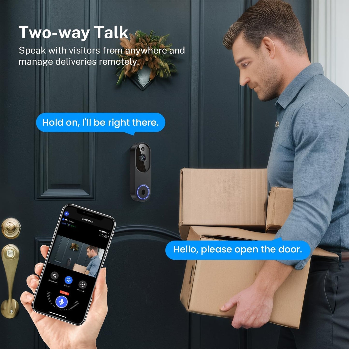 Smart wireless video doorbell with AI motion detection on front entrance