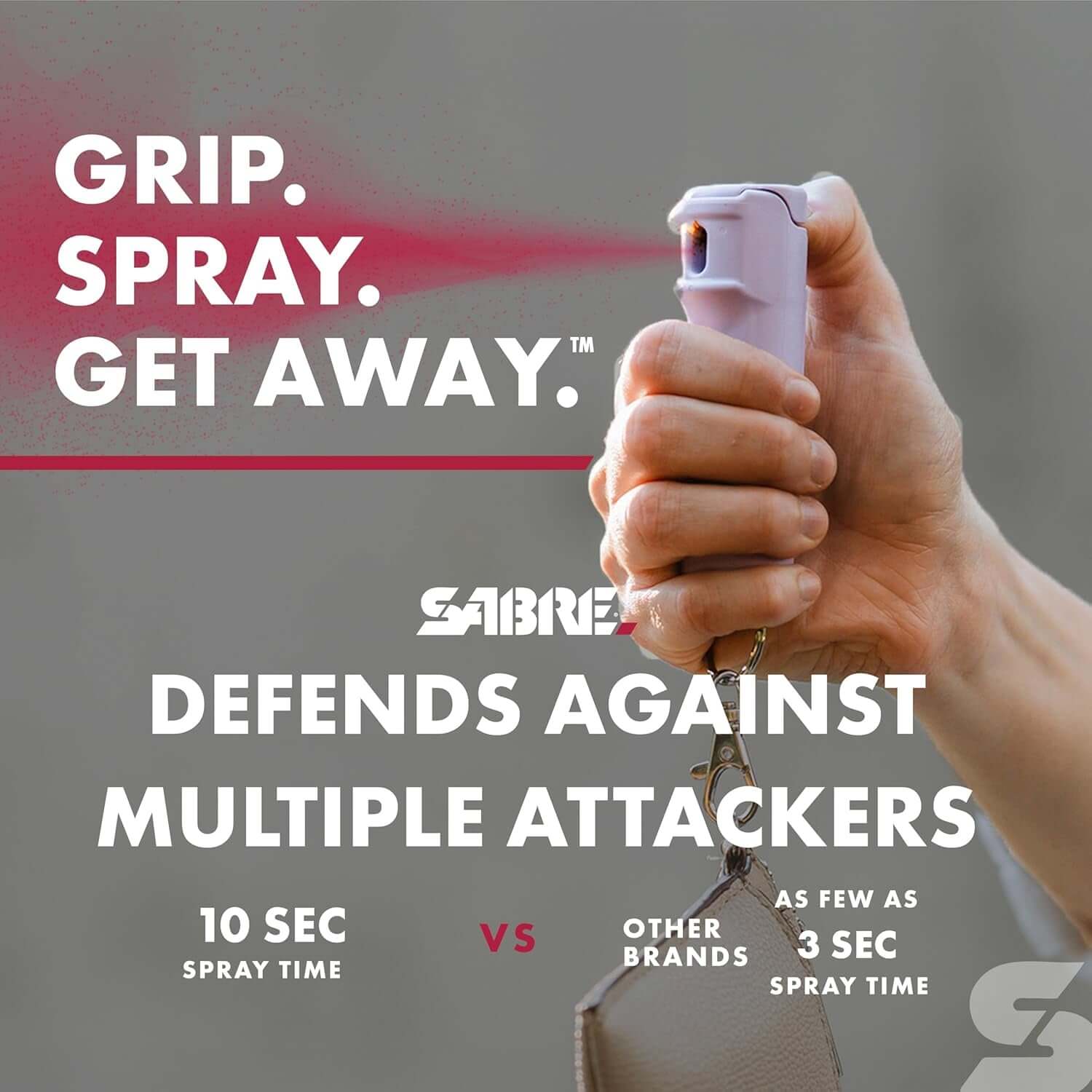 Pepper spray stun gun demonstrating 10 seconds of spray time for personal safety against multiple attackers.