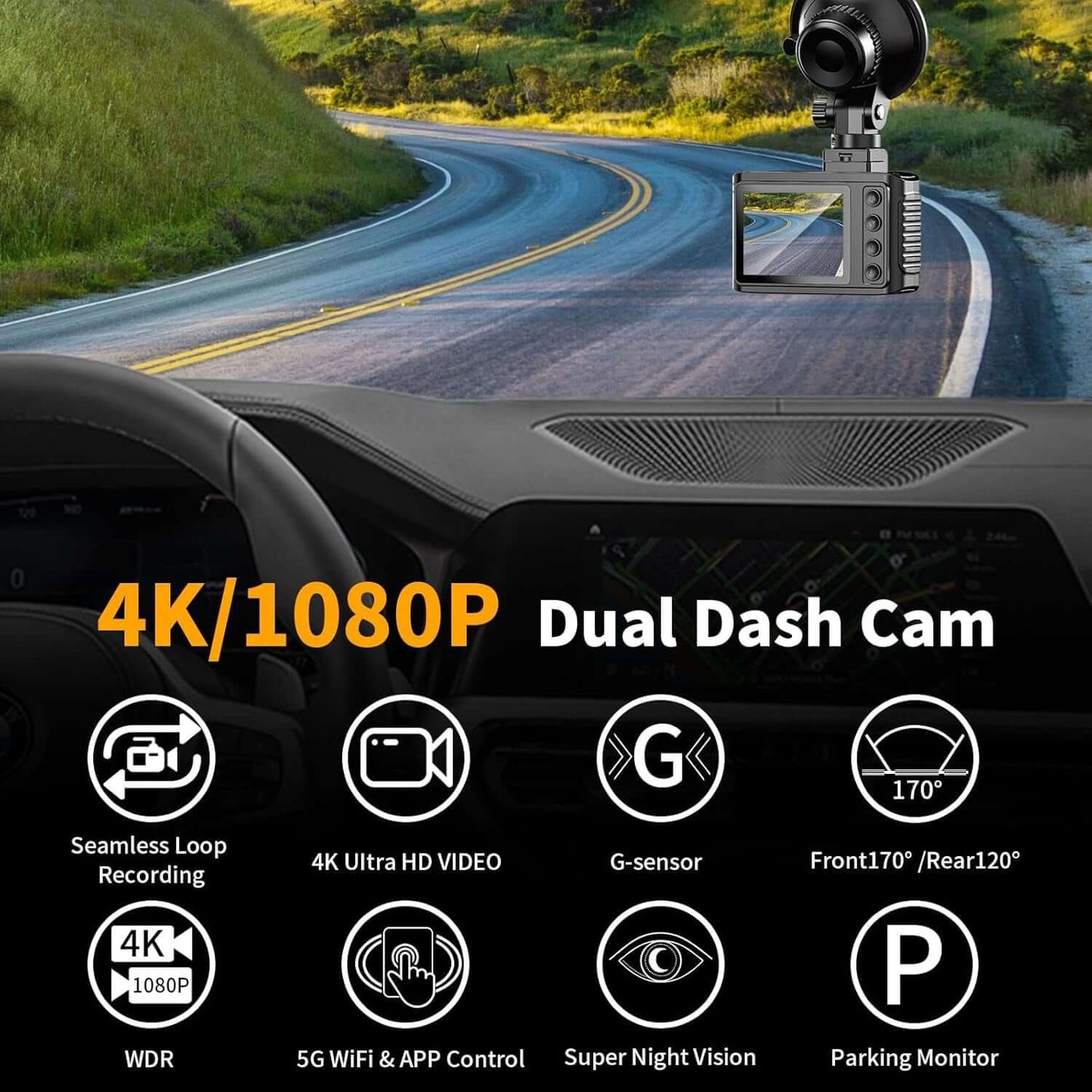 4K Dash Cam installed in a car with wide-angle front camera