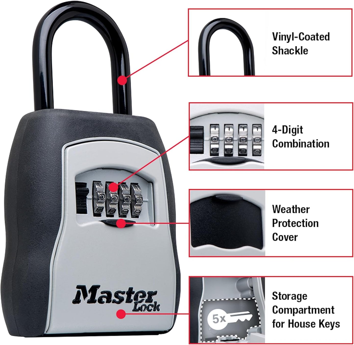 Master Lock Key Lock Box for House Keys – Outdoor Portable Combination Lockbox with Resettable 4 Digit Code, Weather Resistant Durable Metal Body, Holds 5 Keys, 5400D Black