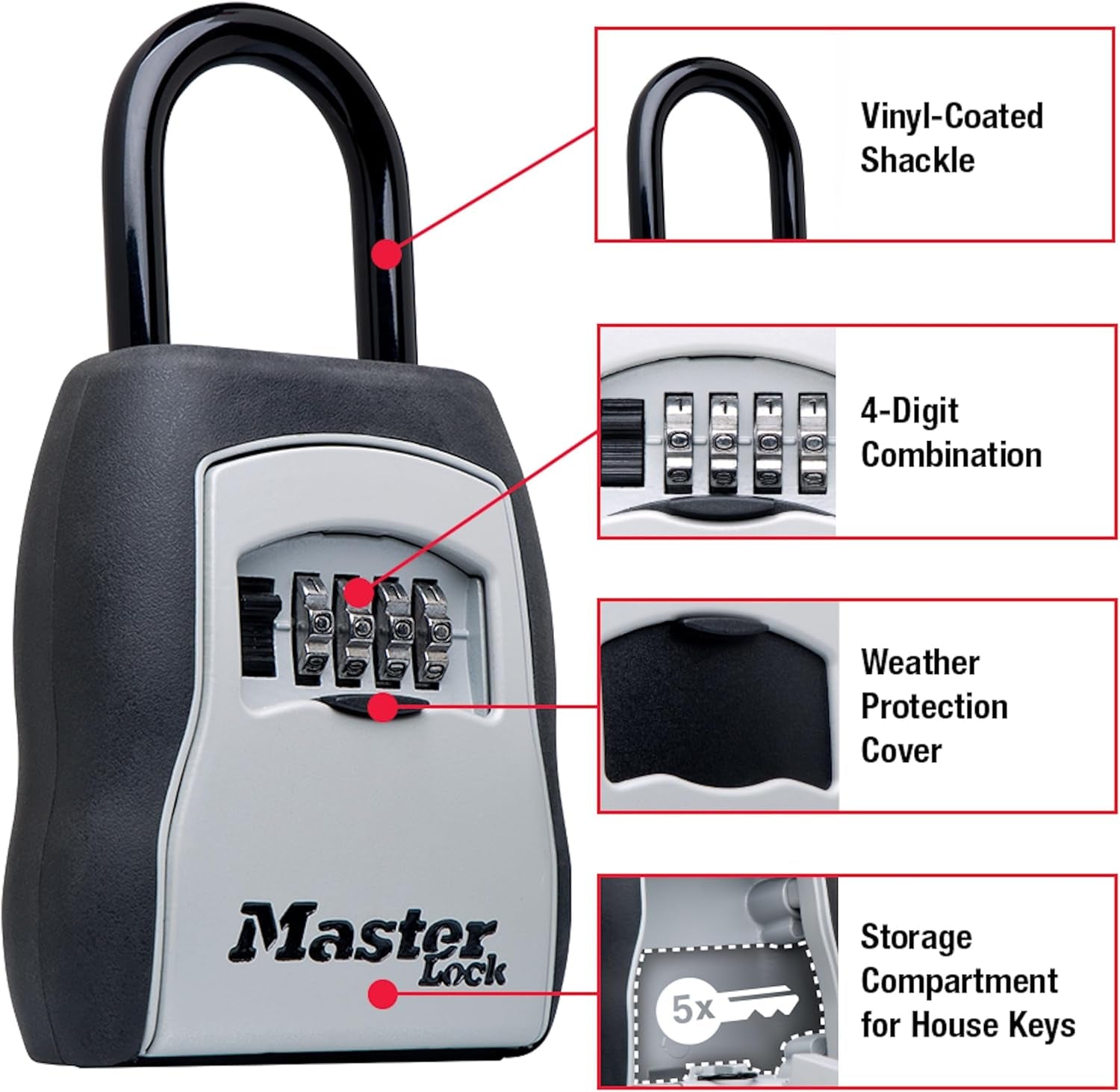 Master Lock Key Lock Box for House Keys – Outdoor Portable Combination Lockbox with Resettable 4 Digit Code, Weather Resistant Durable Metal Body, Holds 5 Keys, 5400D Black