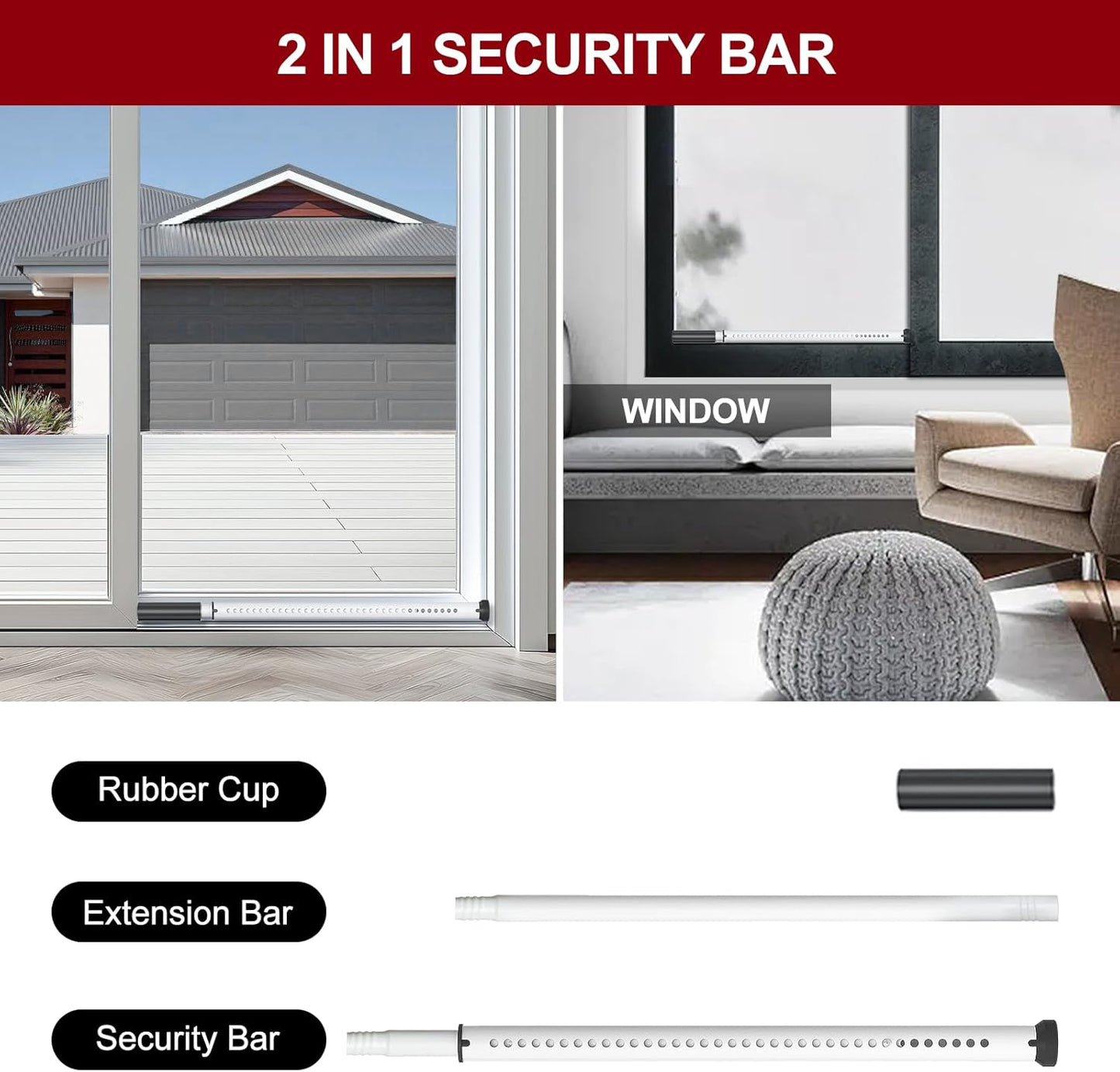 Sliding Door Security Bar,Heavy Duty Sliding Patio Door Lock Bar, 20-50Inch Adjustable Multi-Use Window Security Bars, Sliding Door Stopper,White,1Pack