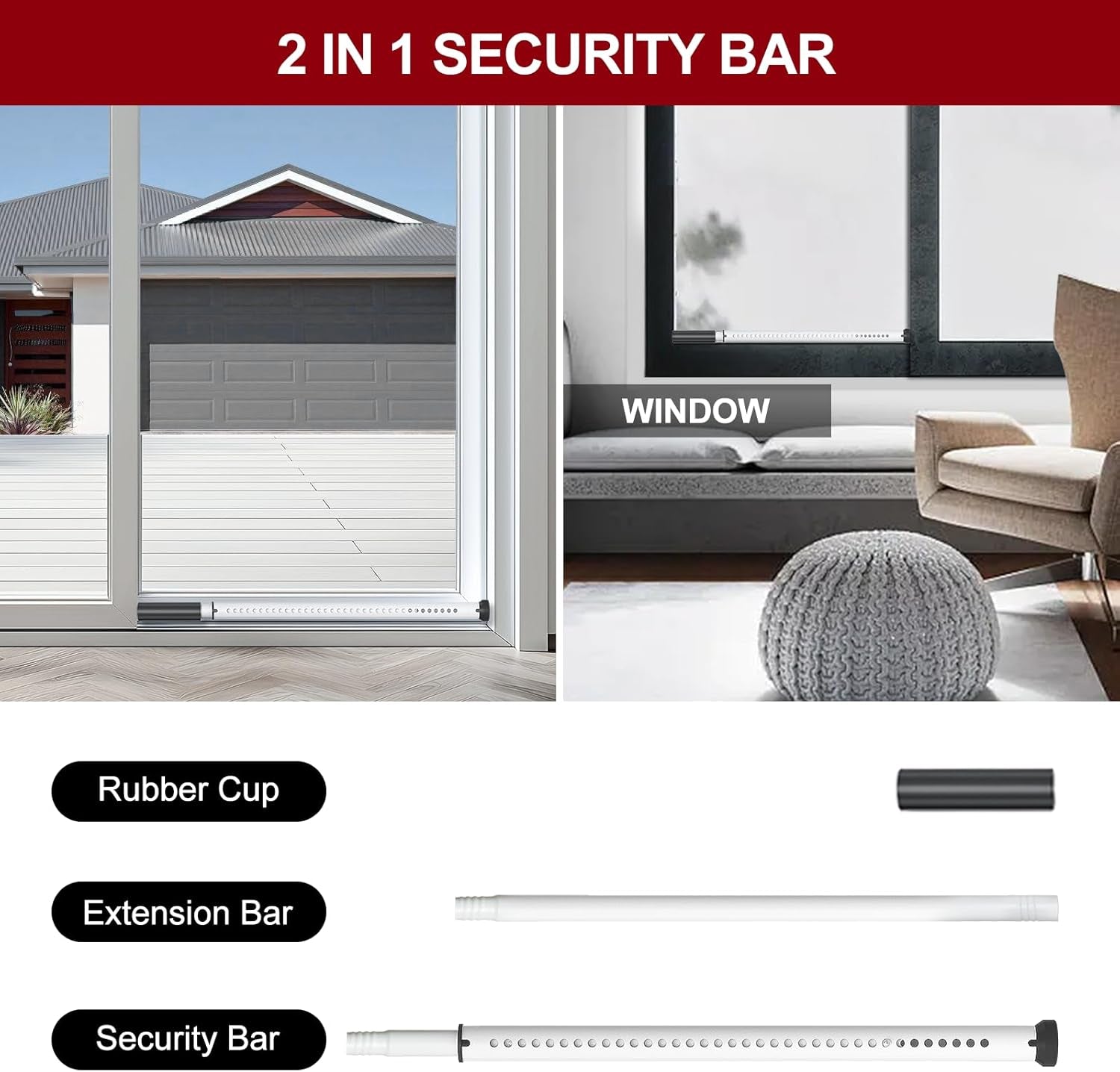 Sliding Door Security Bar,Heavy Duty Sliding Patio Door Lock Bar, 20-50Inch Adjustable Multi-Use Window Security Bars, Sliding Door Stopper,White,1Pack