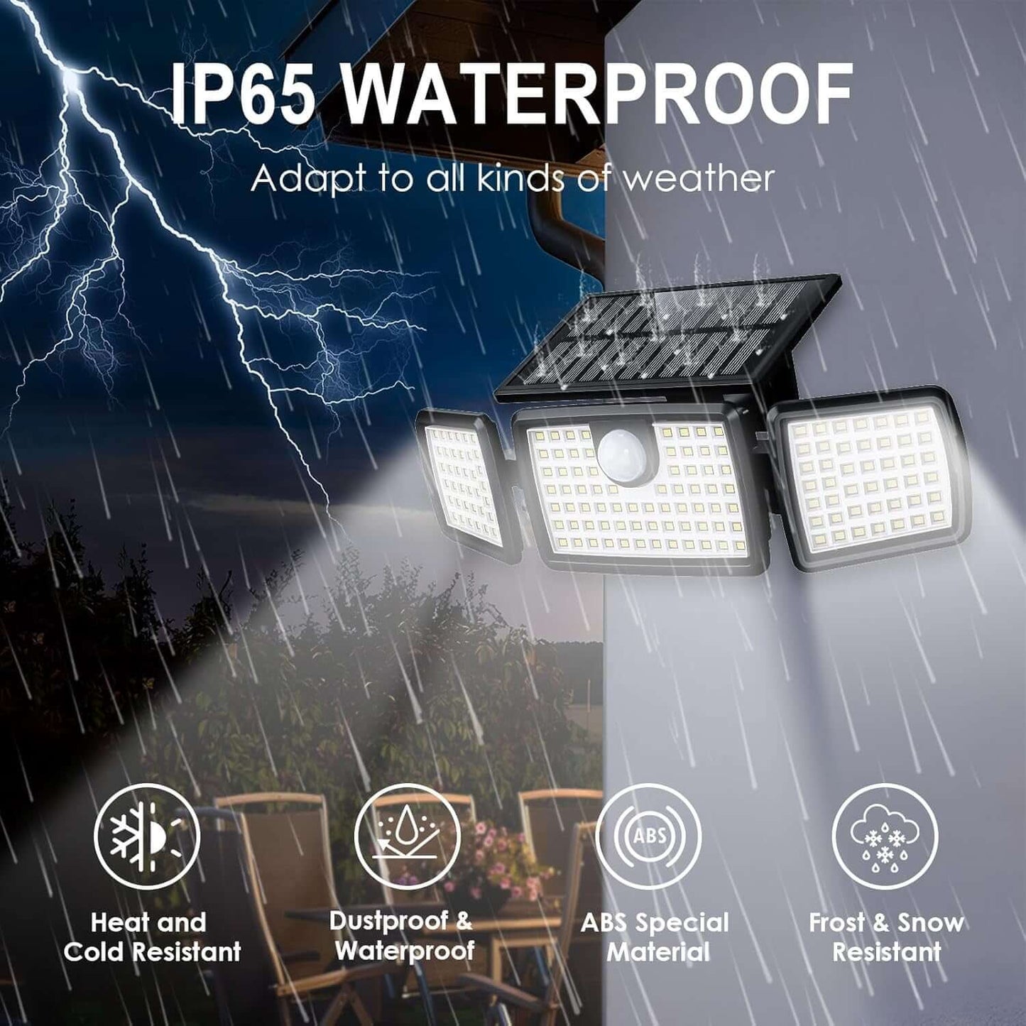 Solar motion sensor lights with motion detection brightening patio area for night safety and visibility