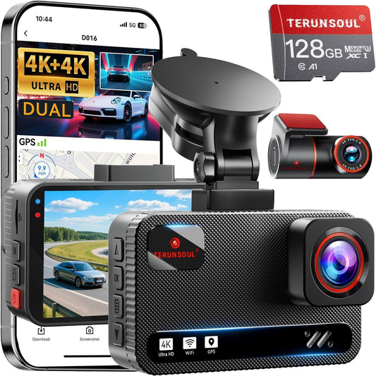 Experience Unmatched Clarity with the 4K Dual Dash Cam - Front and Rear Recording, Free 128GB Card, Built-In GPS, and 24/7 Parking Mode for Ultimate Vehicle Protection