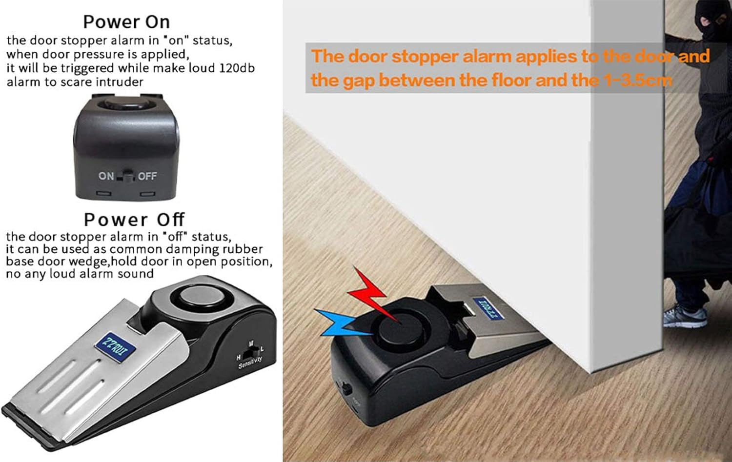 2 Pack Door Stop Alarm with 120Db Siren, Wedge Door Stopper Security Device for Travel, Apartment, Hotel, Home – Portable Anti-Theft Floor Alarm for Entry Alert & Self Defense, Black