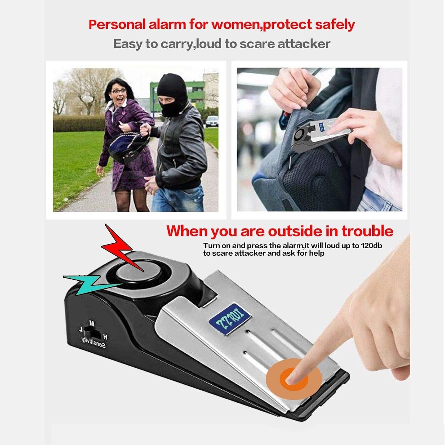 2 Pack Door Stop Alarm with 120Db Siren, Wedge Door Stopper Security Device for Travel, Apartment, Hotel, Home – Portable Anti-Theft Floor Alarm for Entry Alert & Self Defense, Black