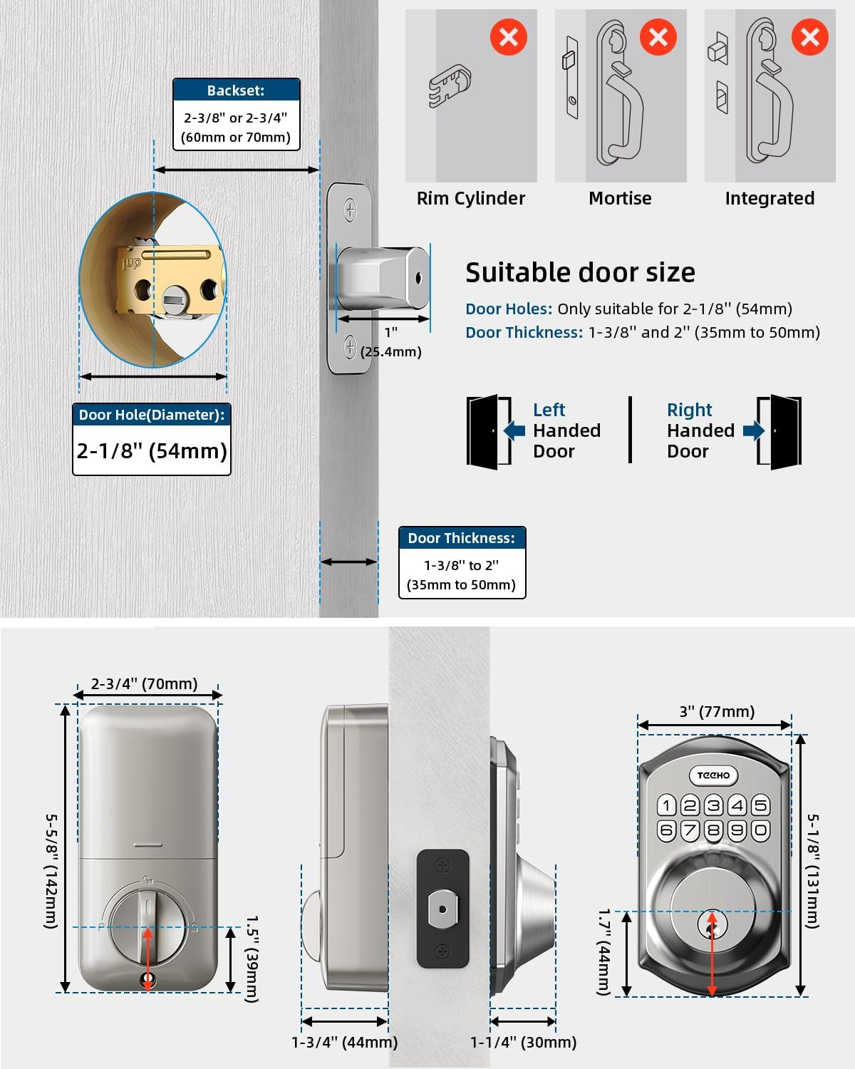 Deadbolt keyless door lock installed on wooden residential door