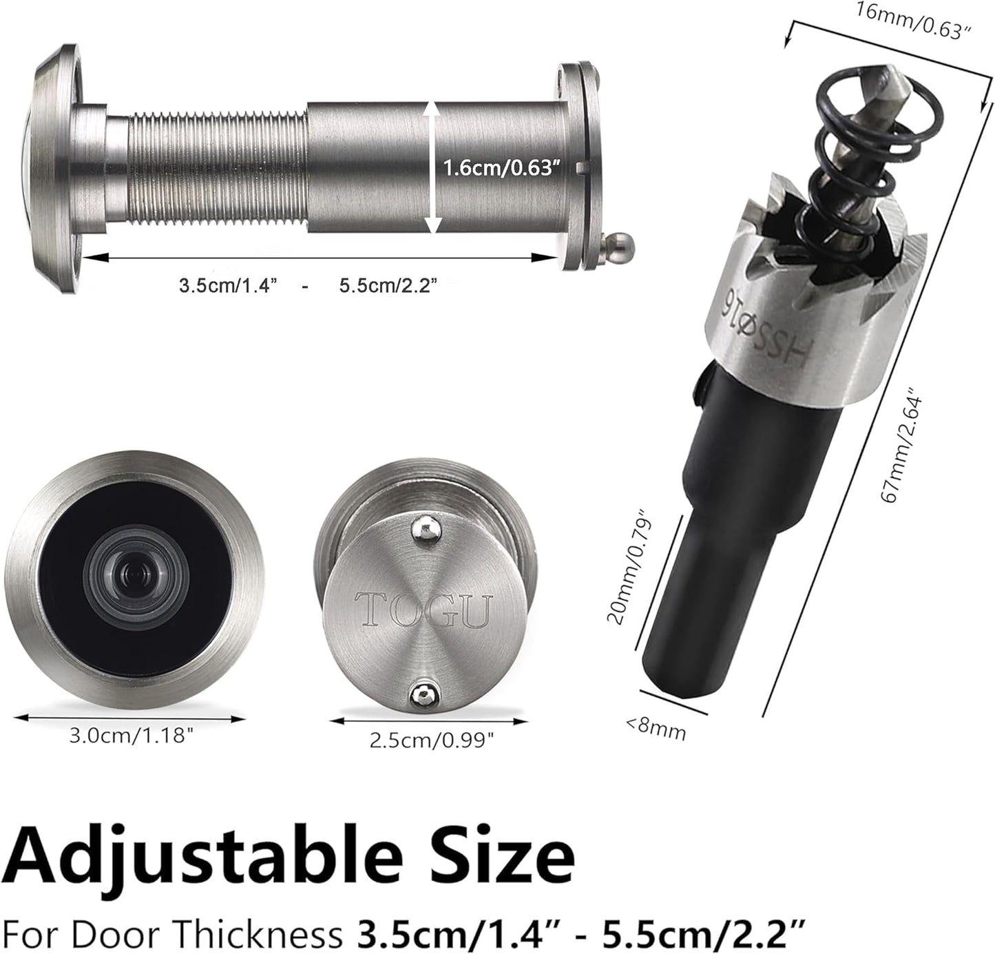 220-Degree Solid Brass Peep Holes for Door with 16Mm Drill Bit, 0.63 Inch Door Peephole with Privacy, Compatible with Door Thick from 1-3/8" to 2-1/6", Brushed Nickel Finish
