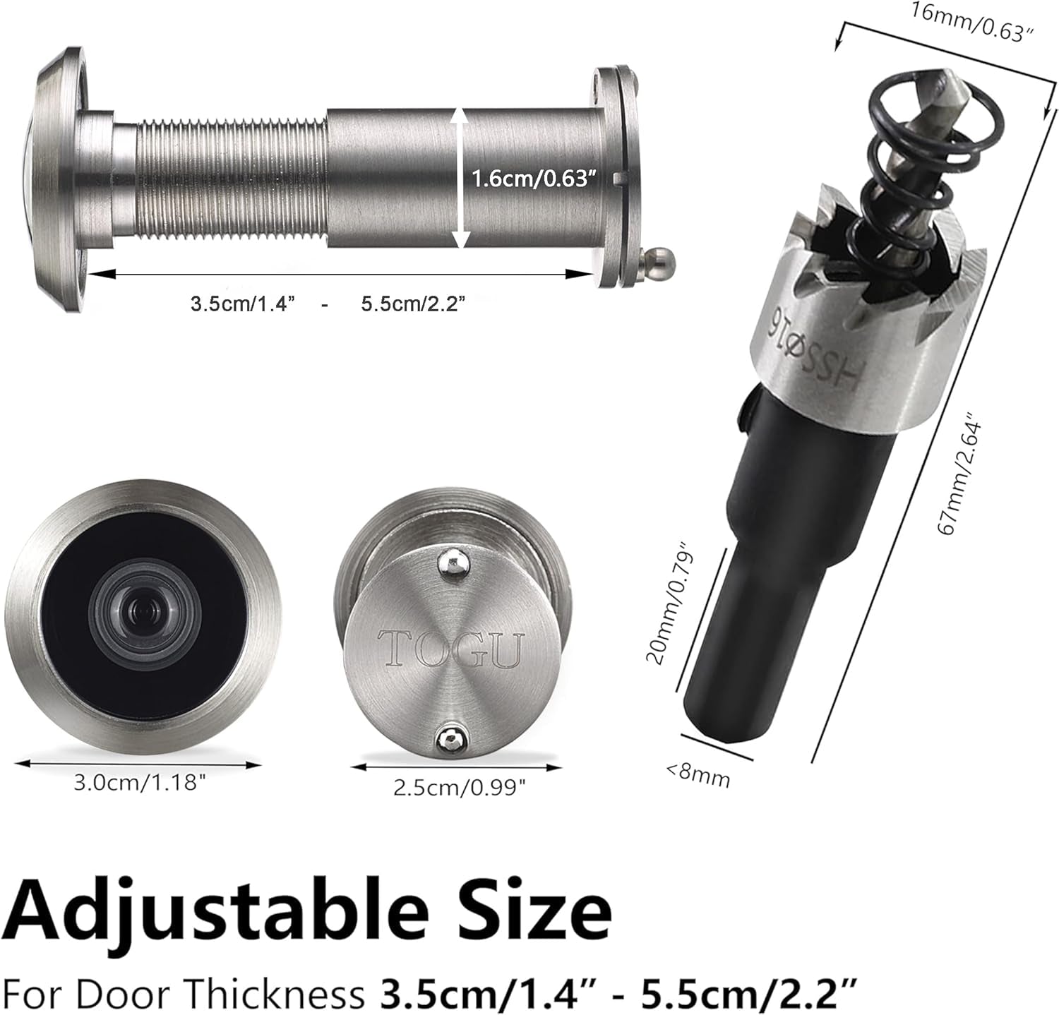 220-Degree Solid Brass Peep Holes for Door with 16Mm Drill Bit, 0.63 Inch Door Peephole with Privacy, Compatible with Door Thick from 1-3/8" to 2-1/6", Brushed Nickel Finish