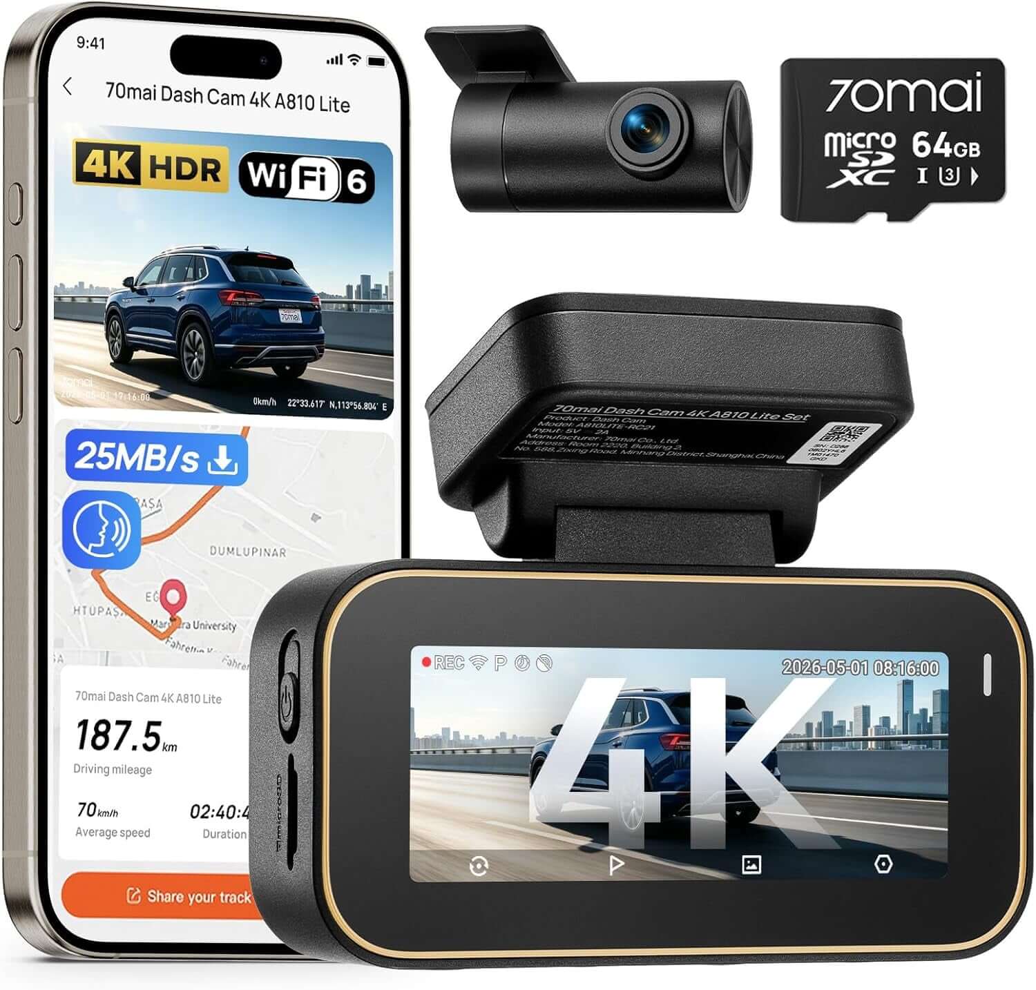 A810 Lite 4K Dash Cam Front and Rear, 5Ghz Wi-Fi 6 Dashcam, Car Camera 4G LTE Remote Access, GPS Tracking, HDR Night Vision, 24H Parking Mode, Voice Control, Emergency Lock, Loop Recording