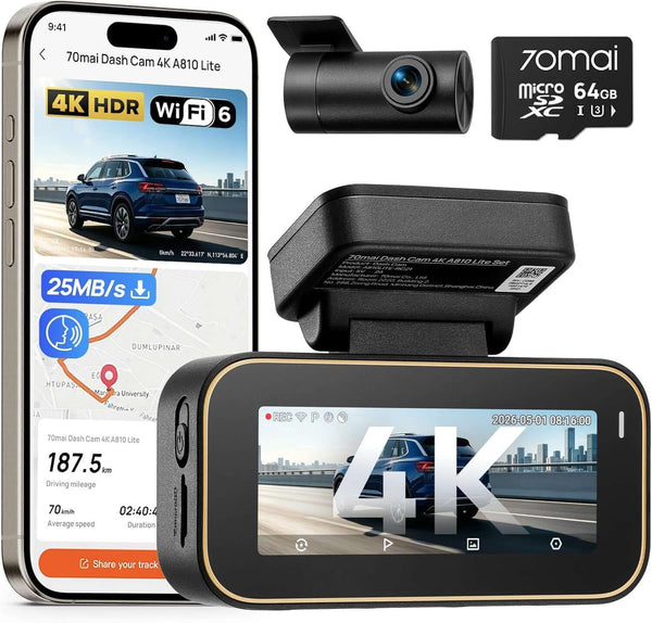 A810 Lite 4K Dash Cam Front and Rear, 5Ghz Wi-Fi 6 Dashcam, Car Camera 4G LTE Remote Access, GPS Tracking, HDR Night Vision, 24H Parking Mode, Voice Control, Emergency Lock, Loop Recording