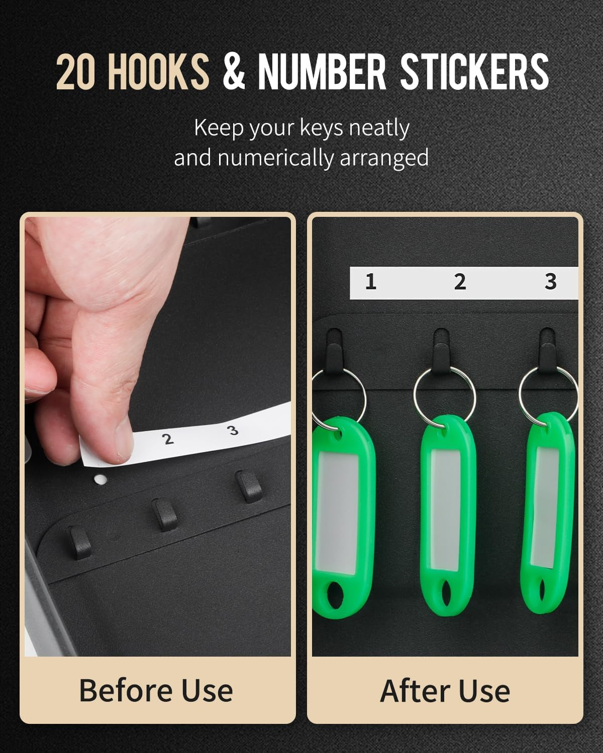 20 Position Key Cabinet with Combination Lock Resettable Black Digital Security Storage Box Steel Key Organizer with Colorful Key Tag Labels Stickers and Hooks