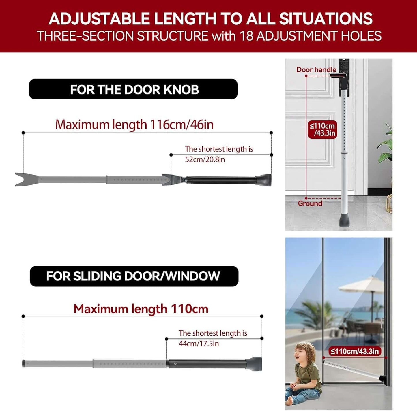 Door security bar – one pack for front door or sliding door