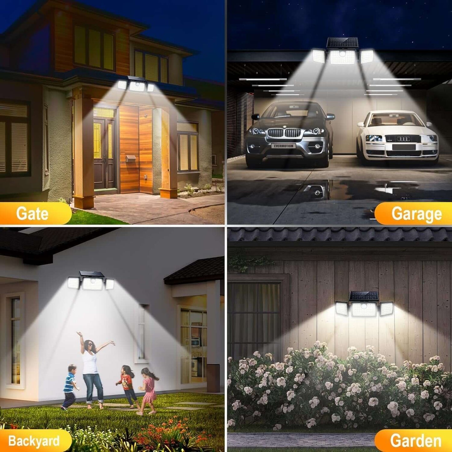 Three-head solar motion sensor lights covering wide outdoor angle for enhanced home security