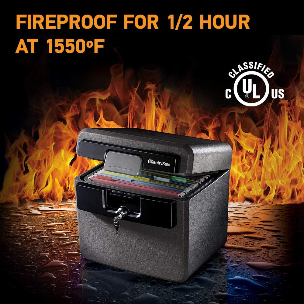 Waterproof fireproof safe box protecting important files and valuables from fire damage