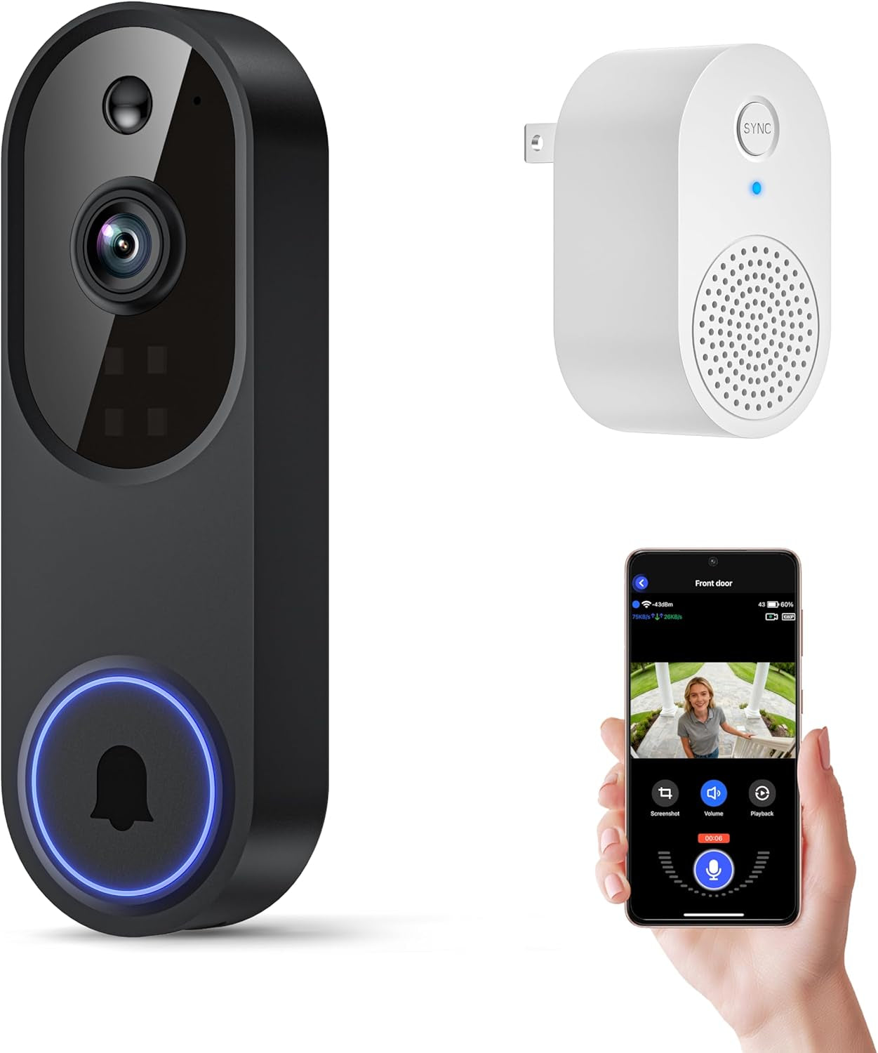 Wireless video doorbell with 1080P HD camera installed on a modern front door