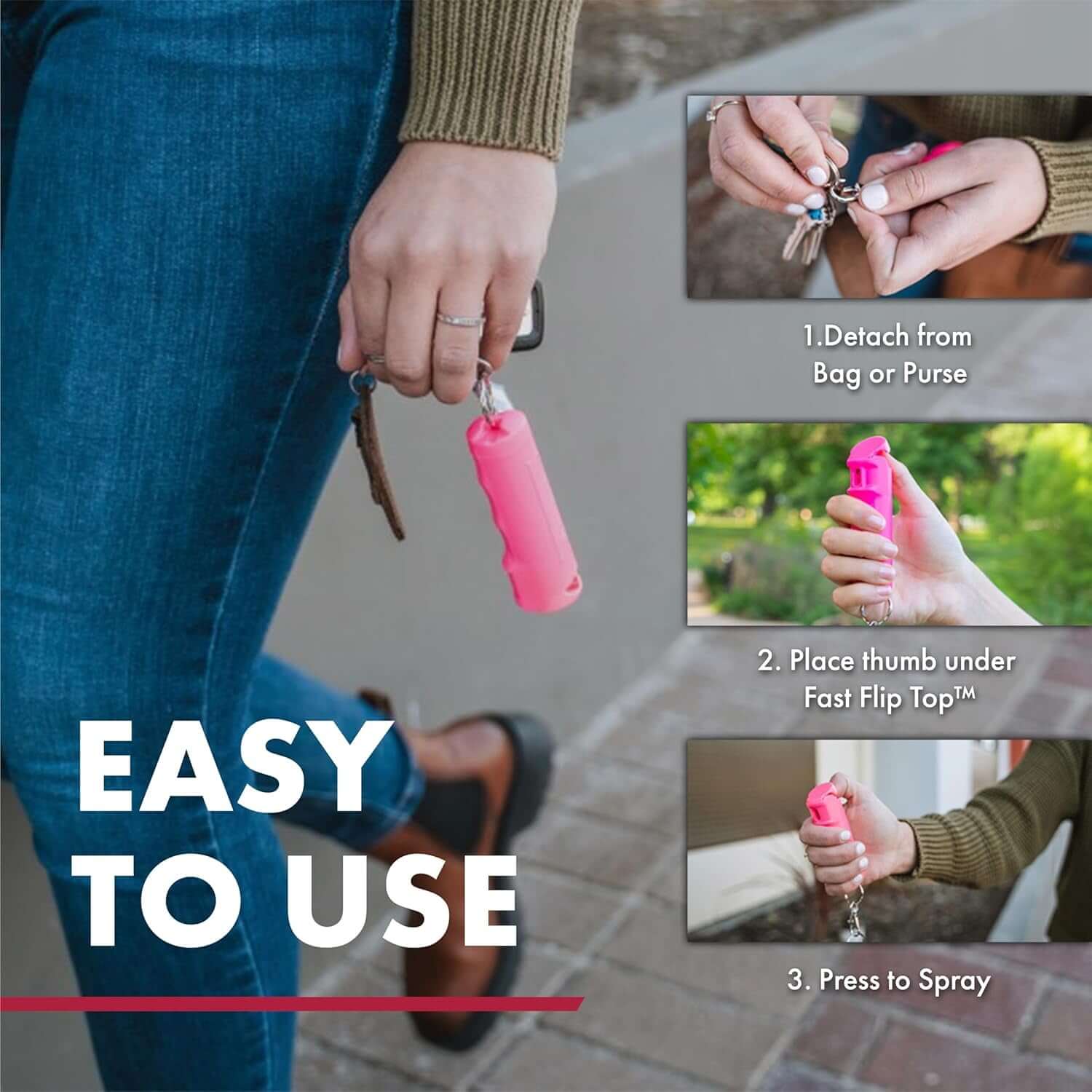 Person using a pink pepper spray stun gun, demonstrating easy usage with keychain attachment and step-by-step instructions.