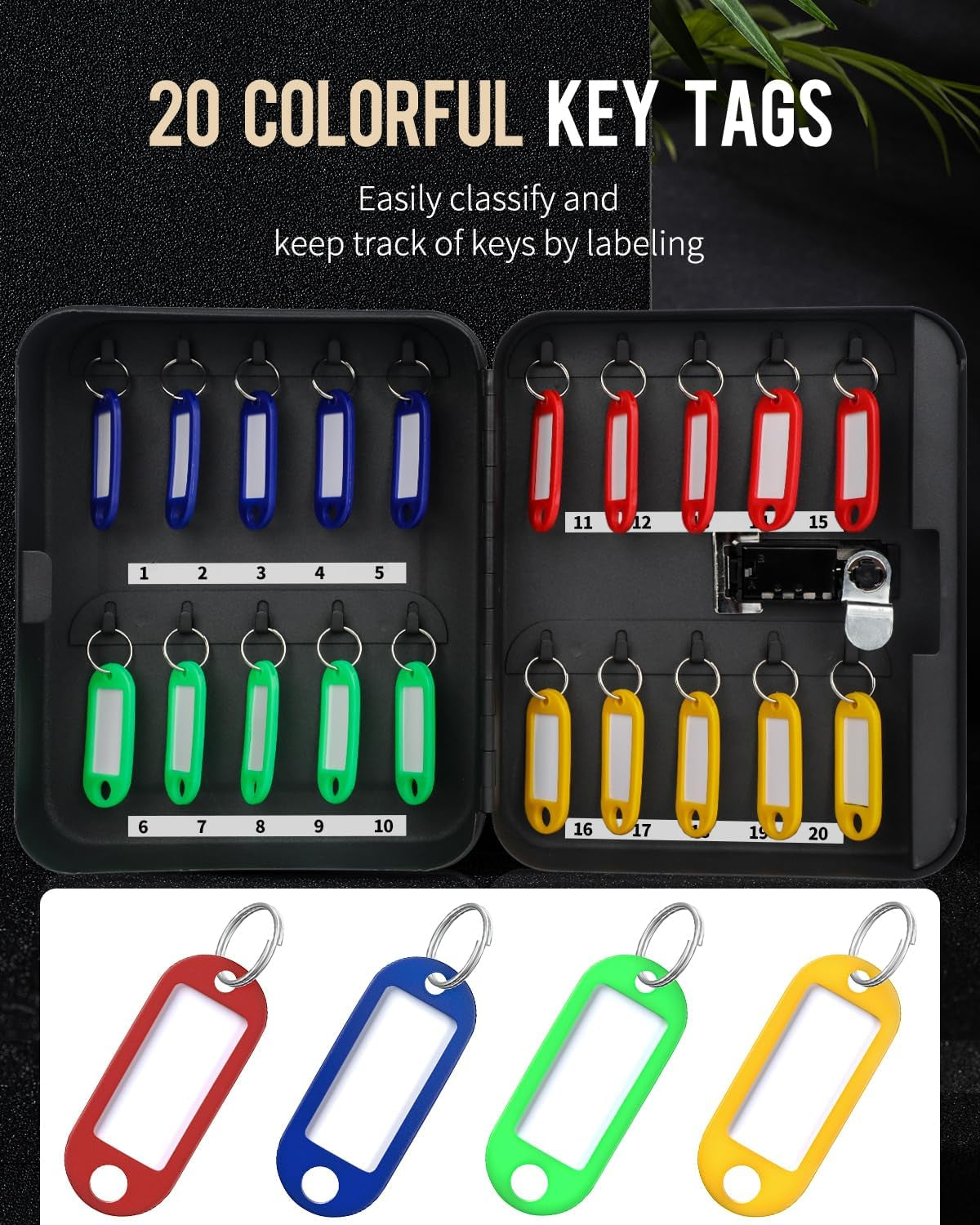 20 Position Key Cabinet with Combination Lock Resettable Black Digital Security Storage Box Steel Key Organizer with Colorful Key Tag Labels Stickers and Hooks