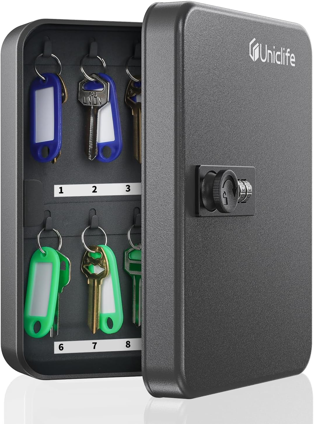 20 Position Key Cabinet with Combination Lock Resettable Black Digital Security Storage Box Steel Key Organizer with Colorful Key Tag Labels Stickers and Hooks