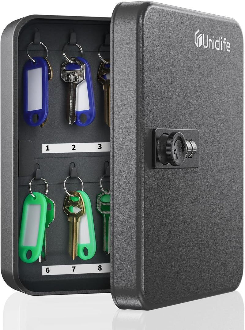 20 Position Key Cabinet with Combination Lock Resettable Black Digital Security Storage Box Steel Key Organizer with Colorful Key Tag Labels Stickers and Hooks